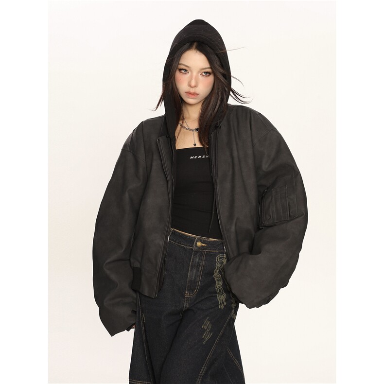 美式复古重磅双层假两件连帽皮夹克情侣飞行服310A-4-B965-P93,男装夹克,星座310A-4