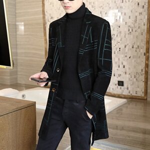 2020高品质男士冬季毛呢格子大衣中长商务款呢子修身外套N05图片