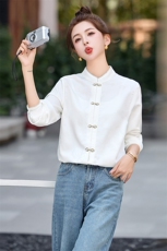 春季新款新中式气质立领钉珠单排扣长袖衬衫女，女装衬衫，秀美人生