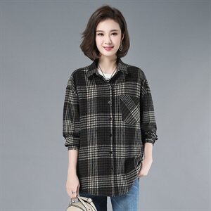 2021年春季直筒常规POLO领排多扣通勤格子衬衫女自主图图片