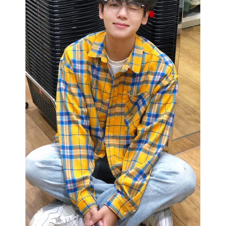 黄色格子衬衫高级设计感2025春秋新款宽松休闲风上衣潮C2622图片
