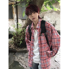 覆古红色刺绣格子衬衫男女慵懒风情侣长袖衬衣外套CS106，男装衬衫，星座1116A（原606A-3）