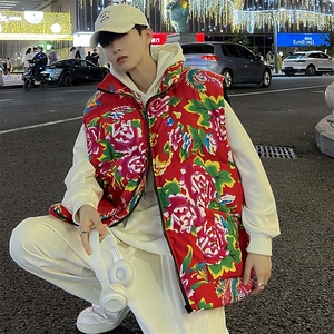 M3男女休闲立领花棉马甲外套团队表演出大码新中式背心坎肩棉衣潮图片