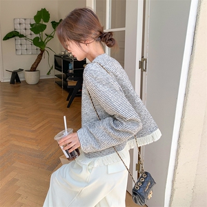 黑白条纹小香风外套女2023春秋新款设计感法式流苏短外套图片