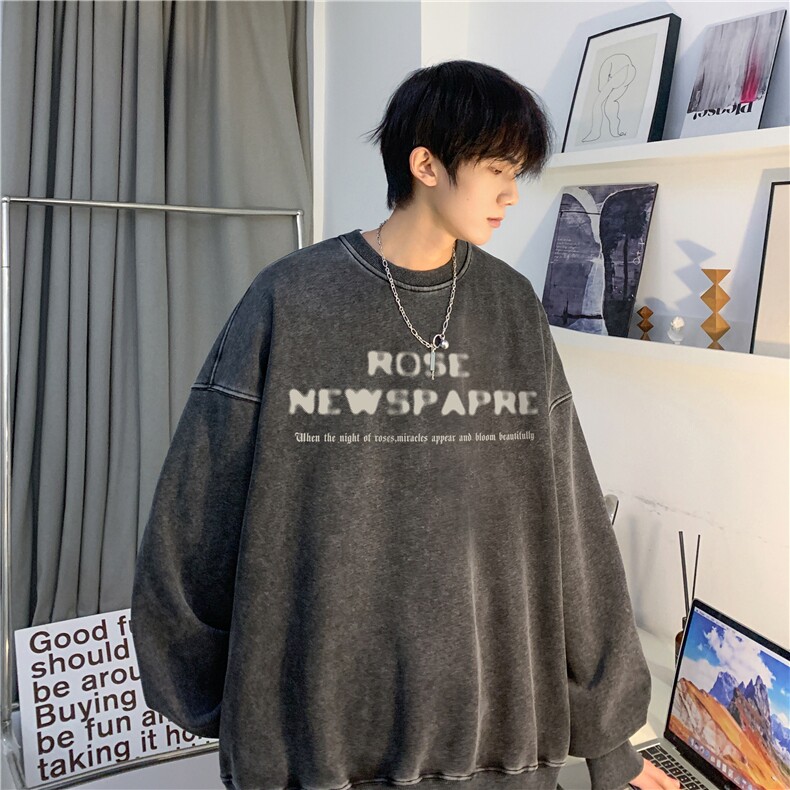 抖音品质美式高街复古水洗宽松休闲圆领卫衣JK23392特批48-控79,男装卫衣,星座605(原A050)