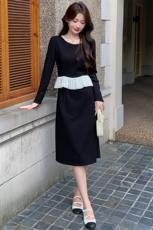 2025秋季新款时尚修身钉珠拼接黑色长袖连衣裙，女装连衣裙，心心服饰