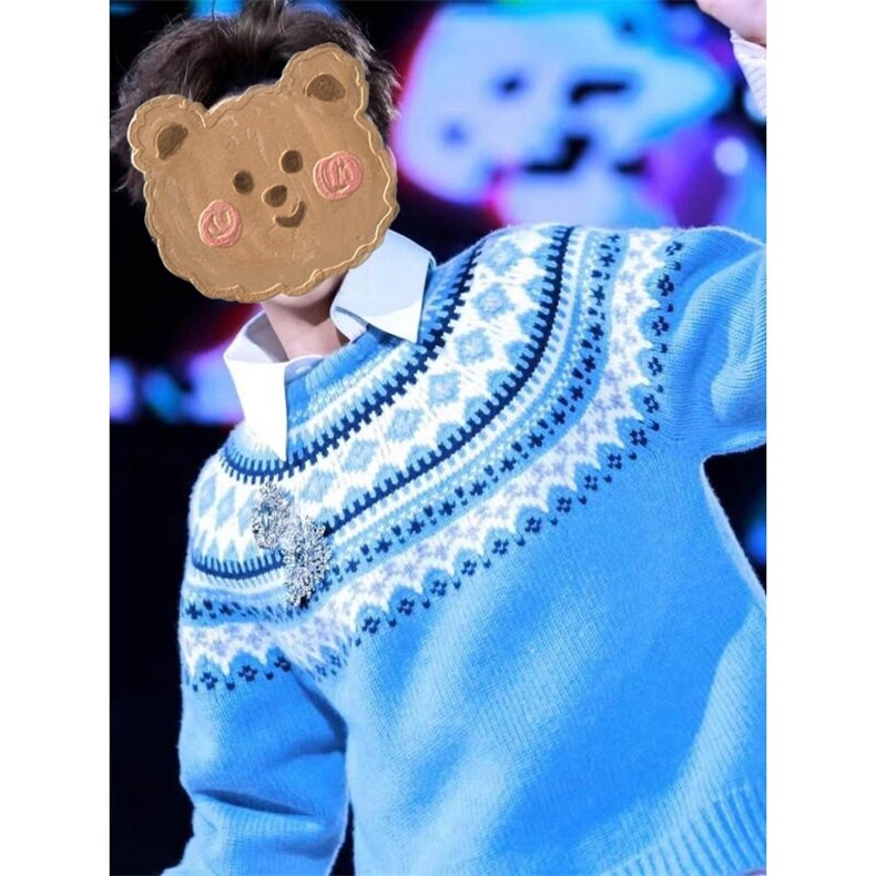 蓝色几何费尔岛圆领毛衣男款秋冬季美式cleanfit穿搭慵懒风针织衫图片