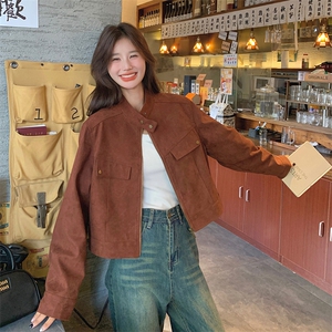 安可拉红麂皮绒立领外套女秋2025新款高级感美拉德小个子休闲夹克图片