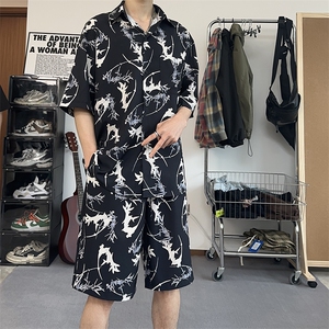 夏季男生痞帅套装短袖衬衫帅气泼墨印花设计感翻领外套TZ103-P43图片