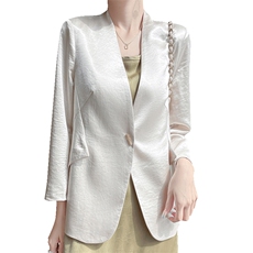 2025春夏新款西装开衫女V领醋酸缎面高级感西装宽松显瘦气质外套，女装西装，暖习羊绒