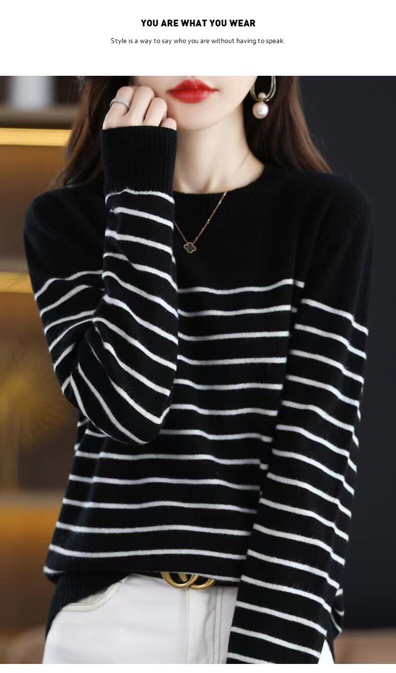 美丽诺羊毛衫女条纹毛衣圆领长袖套头针织打底针织衫上衣，女装羊毛衫，犀桦羊绒