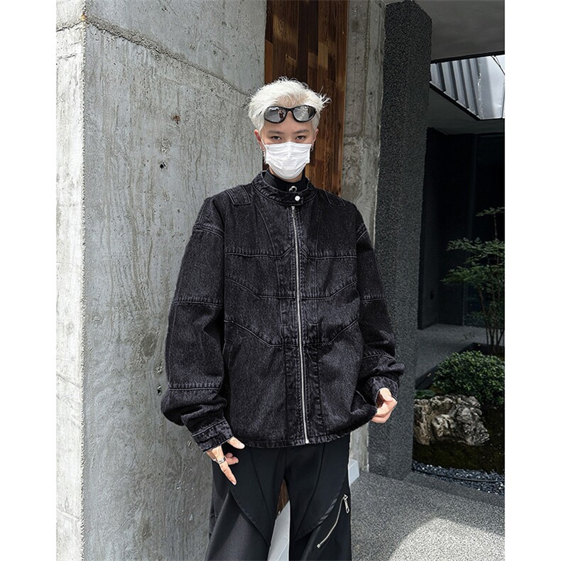 复古立领拉链牛仔外套解构设计水洗做旧夹克机车服男JK8096-P75图片