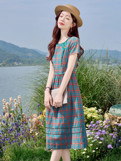 纯棉格纹气质连衣裙女2025夏季新款母亲节送礼高级感透气刺绣裙子，女装连衣裙，水衣源