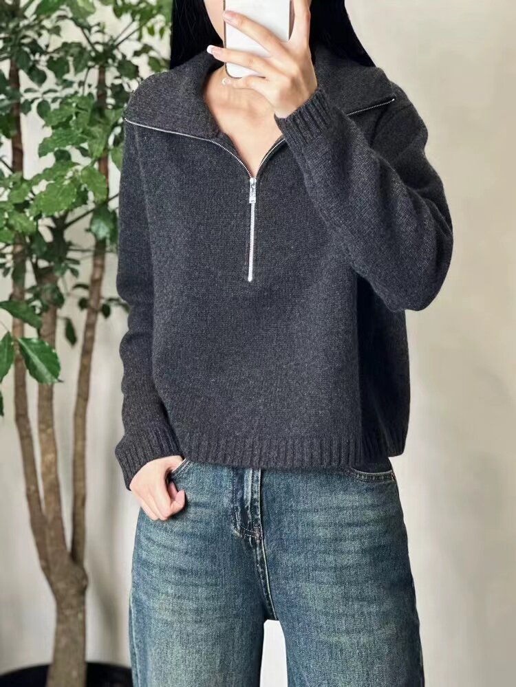 时尚百搭半拉链短款针织衫显瘦修身秋季女装毛衣简约气质长袖上衣,针织衫/毛衣,忠诺羊绒