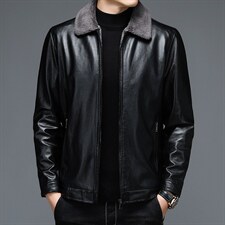 B-N218男士2023年秋季新款长袖加绒翻领PU皮夹克男士外套P70图片