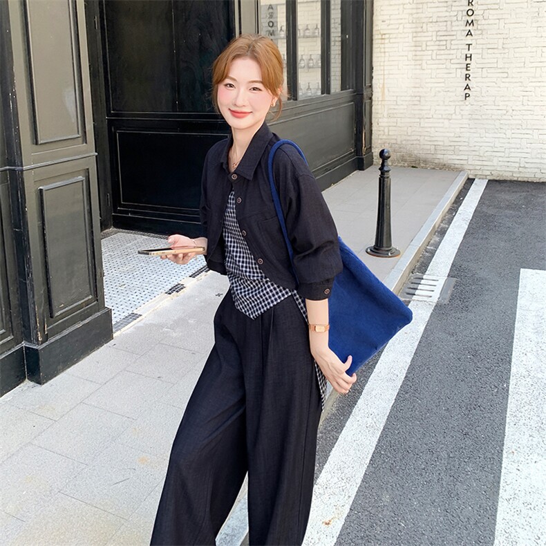 设计感宽松休闲淡人三件套女2025秋季减龄上衣格纹吊带阔腿裤套装,女装套装/套裙,欧黛芙妮