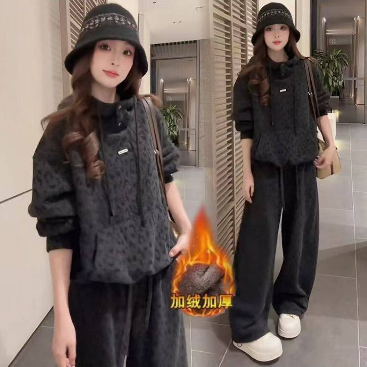 1506A/G2950/P79时尚套装女冬季新款洋气豹纹连帽卫衣阔腿裤休闲，男装休闲套装，星座1506A