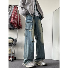 美式复古破洞工装牛仔裤男女春秋季宽松直筒阔腿裤高街嘻哈hiphop，男装牛仔裤，星座601-2