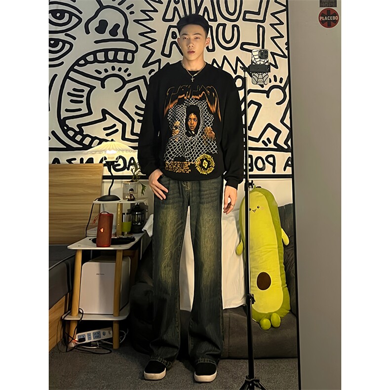 B221美式ins高街暗黑小众个性宽松直筒牛仔裤LK23140-P65控88,男装牛仔裤,电商B221