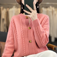 安迪绒七针麻花开衫简约2024年秋季单排扣，女装针织衫/毛衣，桦兴羊绒