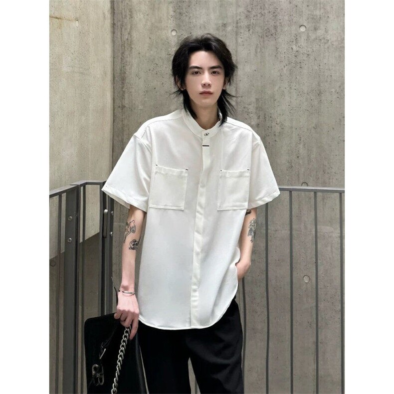 老钱风暗扣短袖衬衫夏季痞帅男生垂感立领中式衬衣上衣CSS12P40,男装衬衫,电商D256-1(原A064-1)