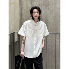 老钱风暗扣短袖衬衫夏季痞帅男生垂感立领中式衬衣上衣CSS12P40，男装衬衫，电商D256-1(原A064-1)