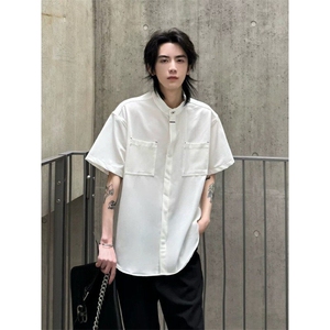 老钱风暗扣短袖衬衫 夏季痞帅男生垂感立领中式衬衣上衣CSS12P40图片