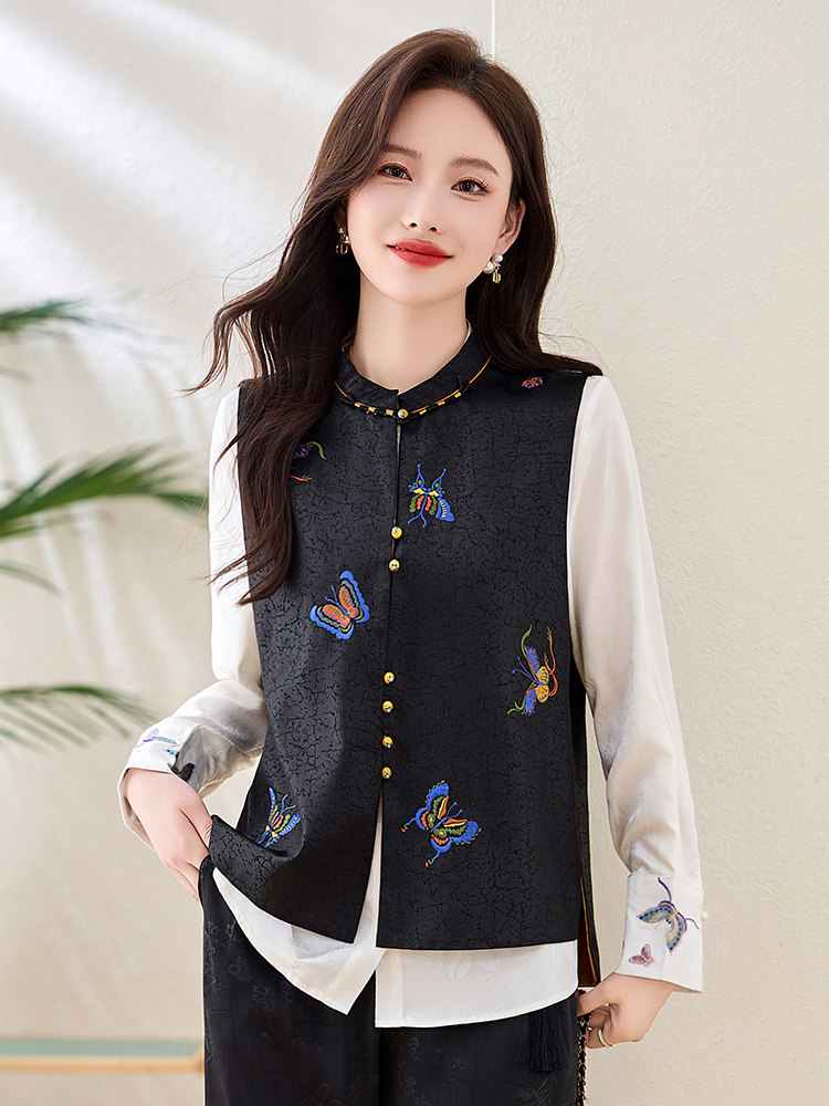 2025早春新中式国风圆领盘扣提花刺绣马甲百搭显瘦上衣马甲,女装马甲,缘衣格