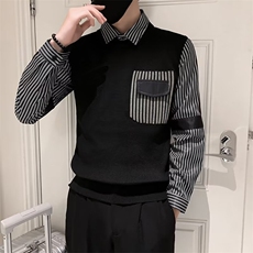 假两件毛衣男士条纹衬衫领打底口袋设计针织衫秋冬季男线衣Q141，男装针织衫/毛衣，星座1116A-2（原606A-1）