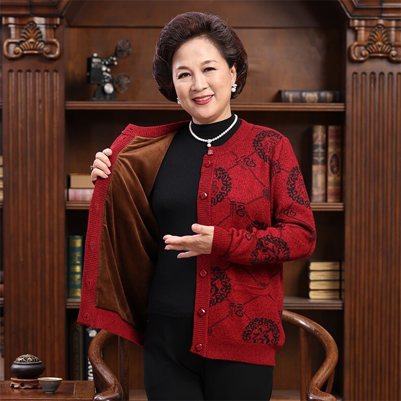 中老年女装开衫福字针织毛衣圆领羊毛衫爸爸妈妈喜庆老年情侣外套,男装中老年男装,亚东羊绒制品