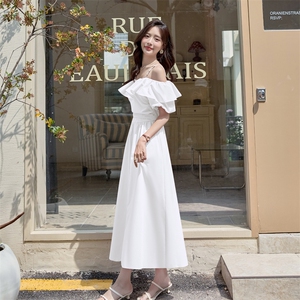 粉色泡泡袖一字肩连衣裙女长款2025夏季新款宽松甜美温柔风初恋裙图片