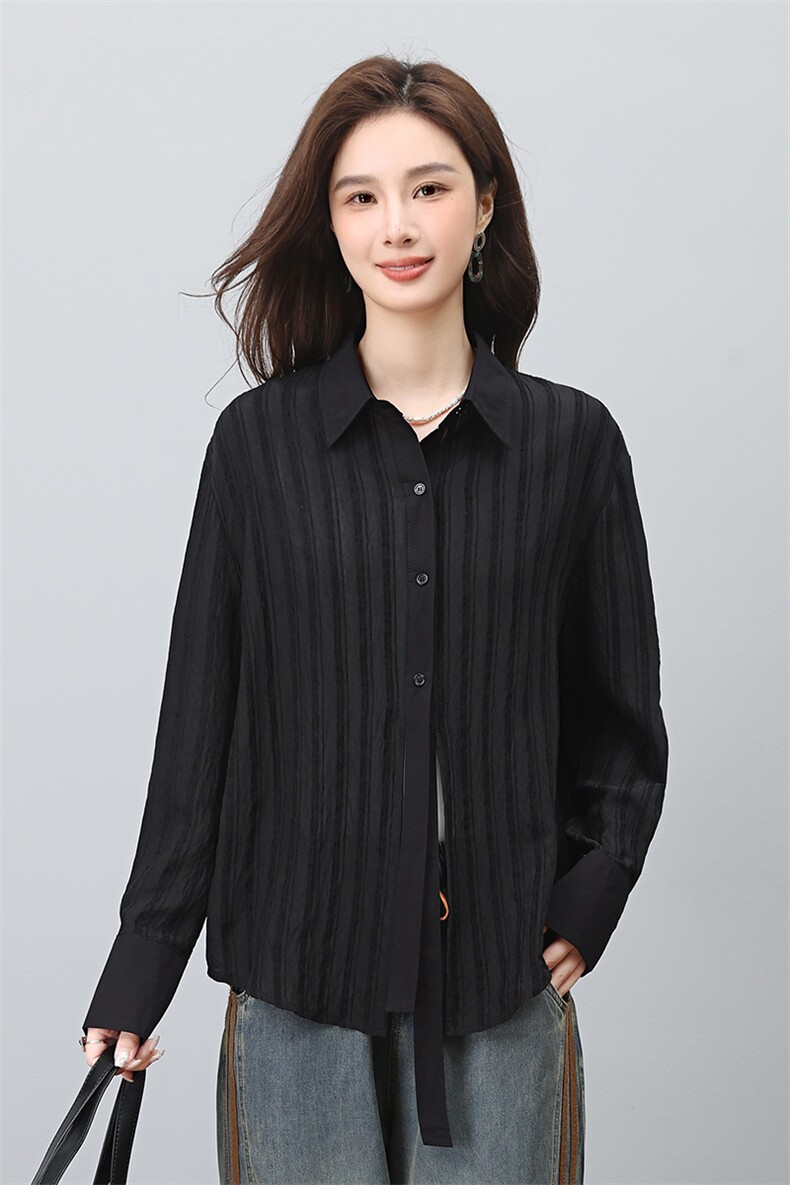 时尚百搭黑色条纹长袖衬衫女宽松显瘦气质上衣春秋季新款女装,女装衬衫,叶笙衣