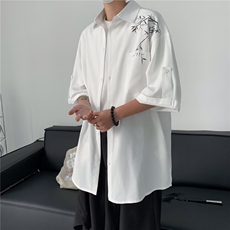 风复古刺绣竹子衬衫男短袖夏季潮牌冰丝七分袖新中式衬衣CS5205，男装T恤，星座208-5