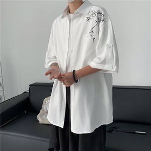 风复古刺绣竹子衬衫男短袖夏季潮牌冰丝七分袖新中式衬衣CS5205图片