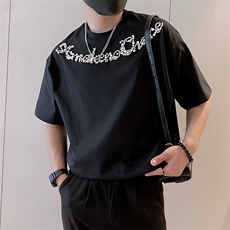 8959/P58控88夏季潮小众烫砖工艺珍珠字母短袖T恤男黑首1，男装T恤，星座305B