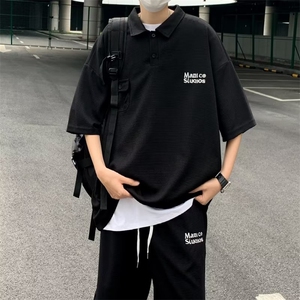 夏季日系五分袖POLO衫潮流休闲套装男ins新款慵懒五分裤文艺流行图片