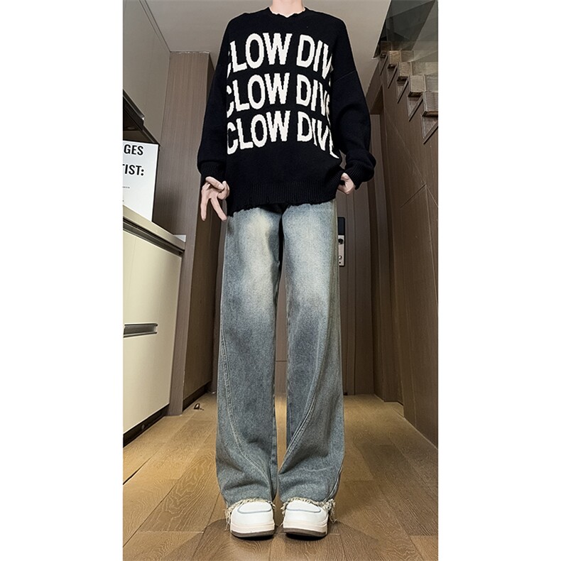 现货直筒渐变休闲裤女宽松复古蓝毛边牛仔裤男K5825-P55控78,男装休闲裤,星座205