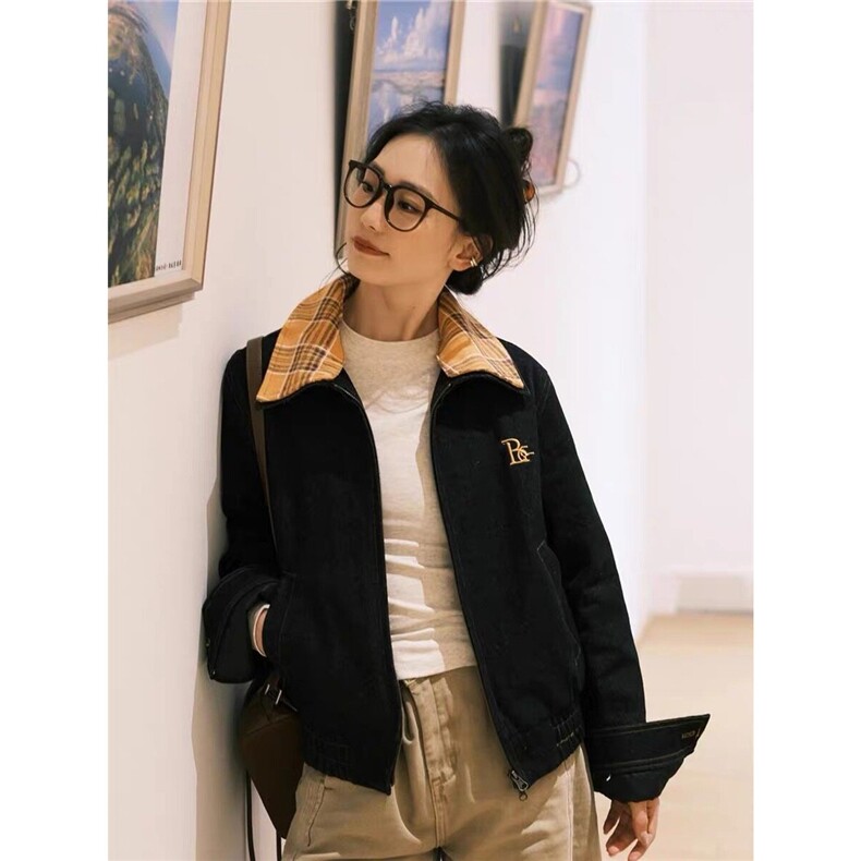 美式复古格子拼接牛仔外套男女2025春秋冬新款设计高级感工装夹克,男装工装外套,星座1210-1