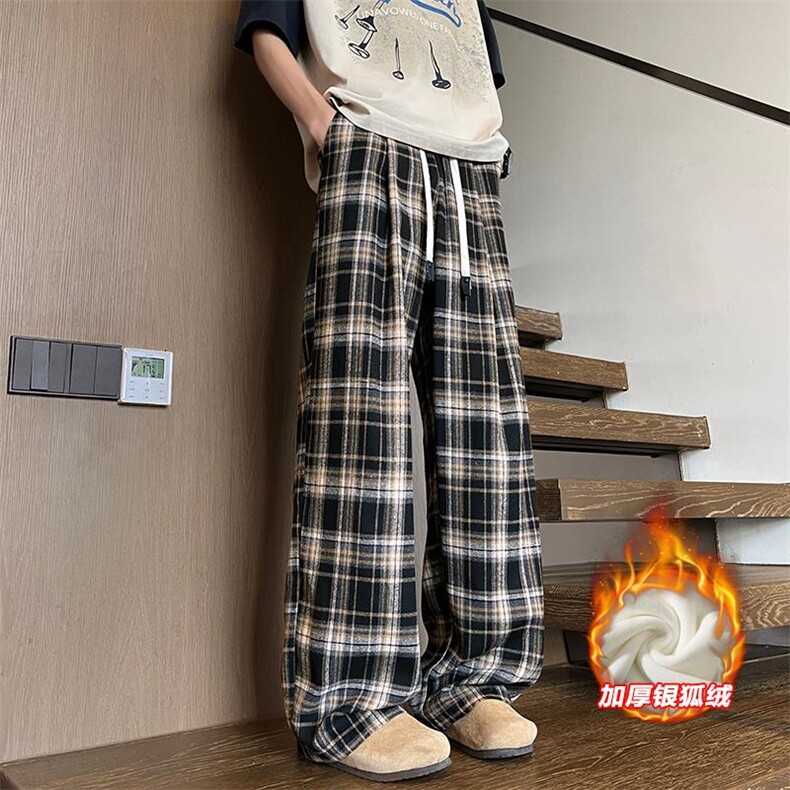 新款舒适保暖直筒格子裤加厚银狐绒休闲裤K5767J加绒-特P35控68,男装棉衣,电商A001