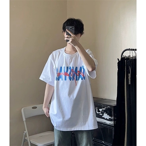 抖音得物 210克现货宽松纯棉美式潮牌印花落肩袖纯棉T恤AT21117图片