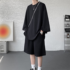 8XL-M高级感纹理短袖套装男夏季慵懒风T恤短裤两件套TZ108P78，男装牛仔裤，电商D206-1