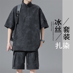 特批P55无差价夏季百搭半拉链扎染冰感冰丝大码两件套套装TZ5366图片