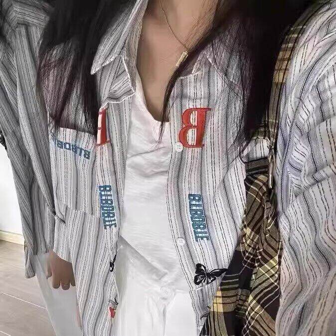 港味复古高街刺绣条纹衬衫女2025秋季新款设计感别致长袖上衣外套,男装衬衫,星座506A