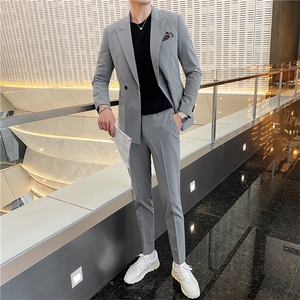 韩东大门西装两件套韩版新郎结婚英伦职业装修身休闲小西服纯色图片