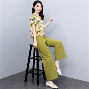时尚棉麻套装女夏季新款洋气印花衬衫九分休闲裤子两件套图片