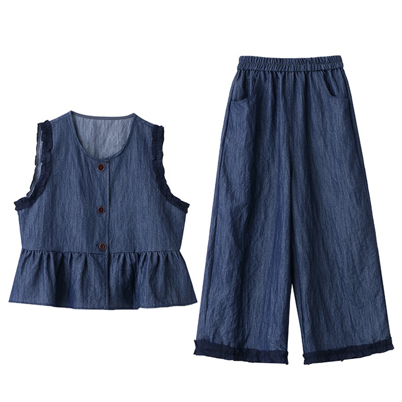 休闲牛仔背心马甲阔腿裤两件套女2025夏新款小个子超好看减龄套装,女装套装/套裙,依如秀(原杭风阁)