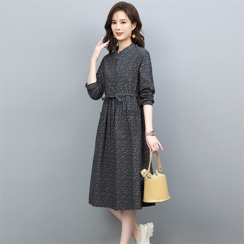 2022年春秋季新款纯棉碎花连衣裙女中长款韩版碎花a字裙子潮图片