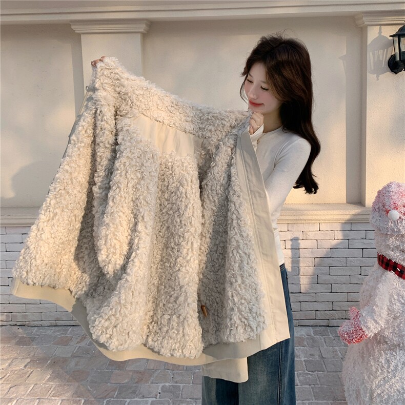 韩系羊羔毛拼接派克服女2025冬季新款设计感加绒加厚保暖工装棉服,女装派克服,2C056