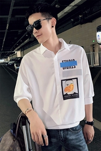 CSD85-P55控75 2021夏装精神小伙印花七分袖男装修身衬衫图片