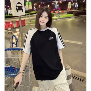 抖音得物品质二开240克宽松纯棉美式潮牌插肩三杠织带短袖T恤图片